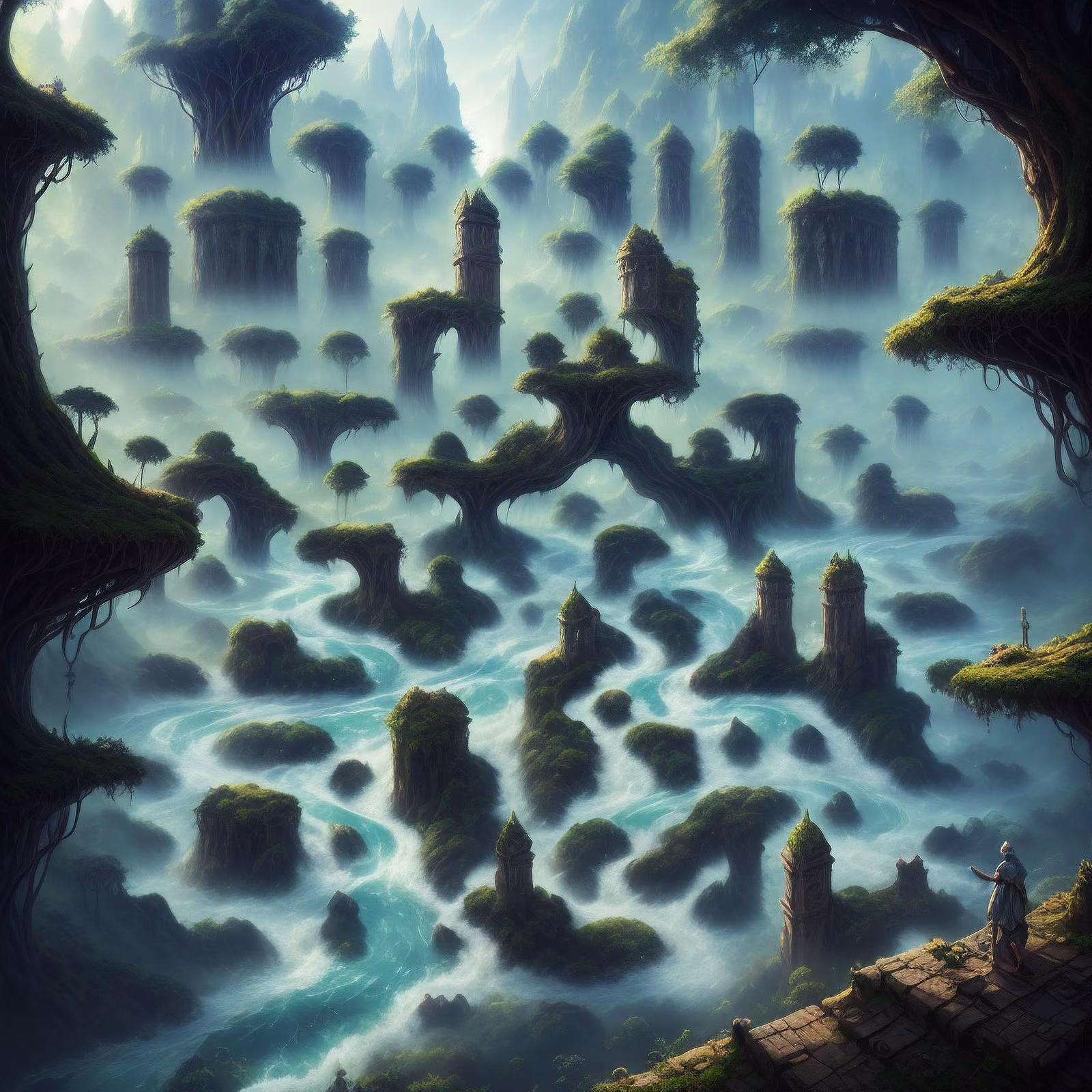 Misty Ruined Towers River Fantasy QR Code Art — image 1