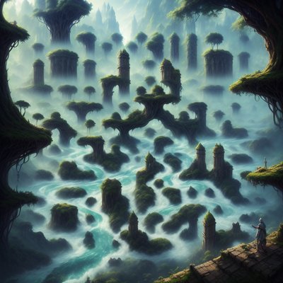 Misty Ruined Towers River Fantasy QR Code Art