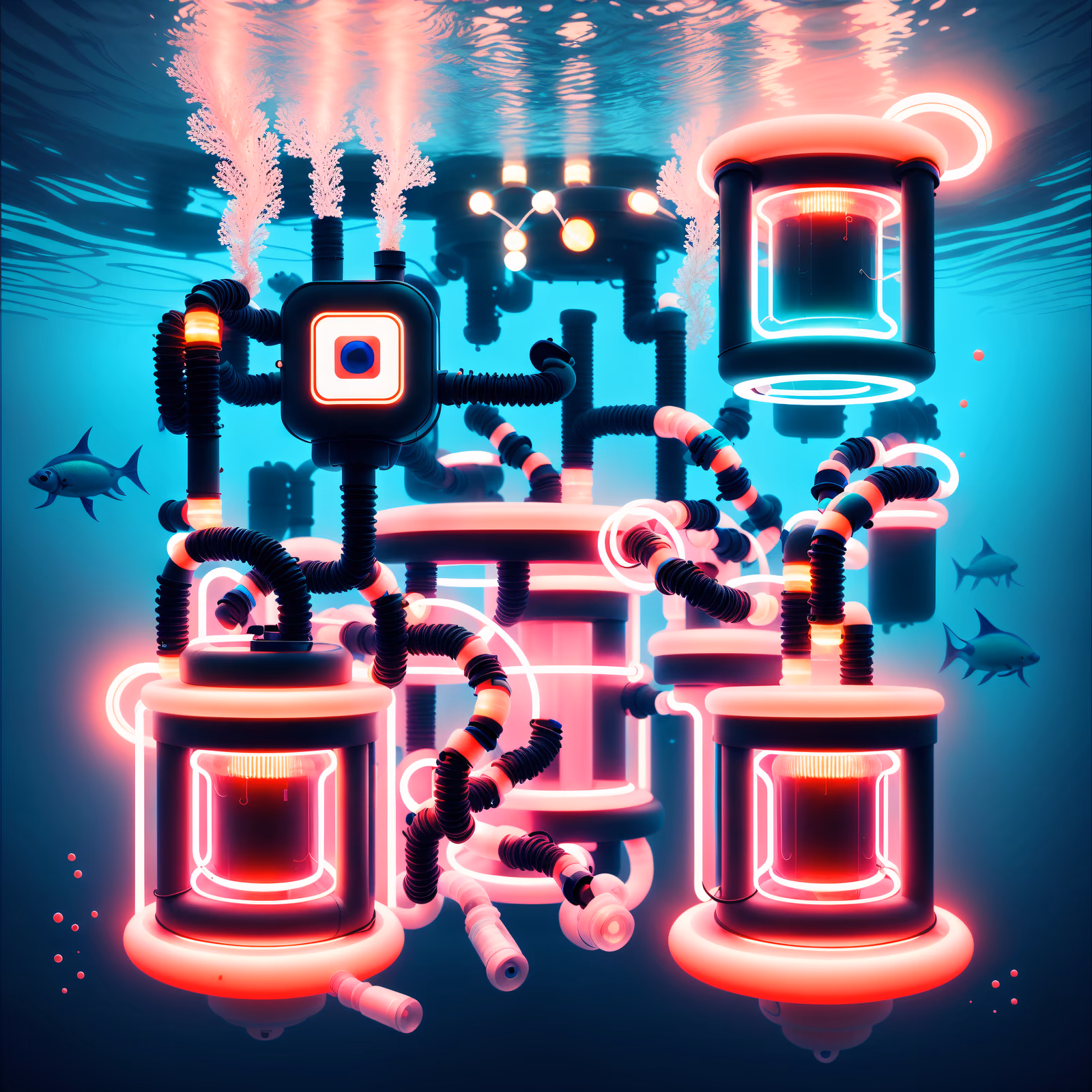 Подводная неоновая заправочная станция, ретрофутуризм, QR-код для плакатов — изображение 1