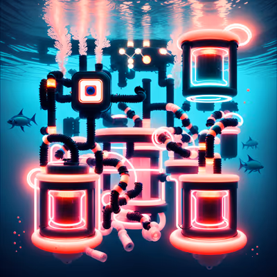 Подводная неоновая заправочная станция, ретрофутуризм, QR-код для плакатов — изображение 1