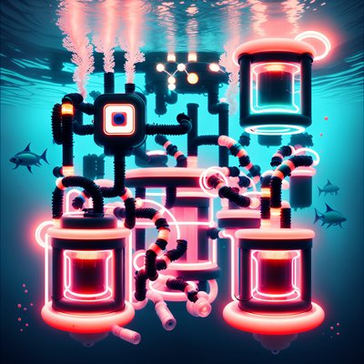 Подводная неоновая заправочная станция, ретрофутуризм, QR-код для плакатов