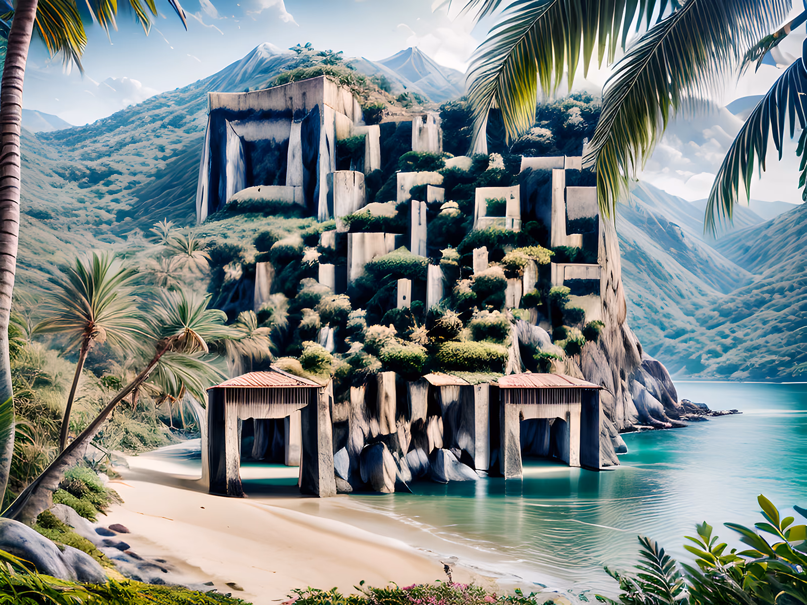 Tropical Beach Cliff Ruins Photoreal QR Code Art — image 1