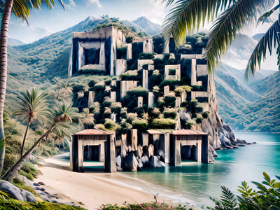 Tropical Beach Cliff Ruins Photoreal QR Code Art — image 1