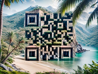 Tropical Beach Cliff Ruins Photoreal QR Code Art