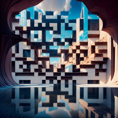 Surreal Canyon City Mirrored Walls QR Code Art