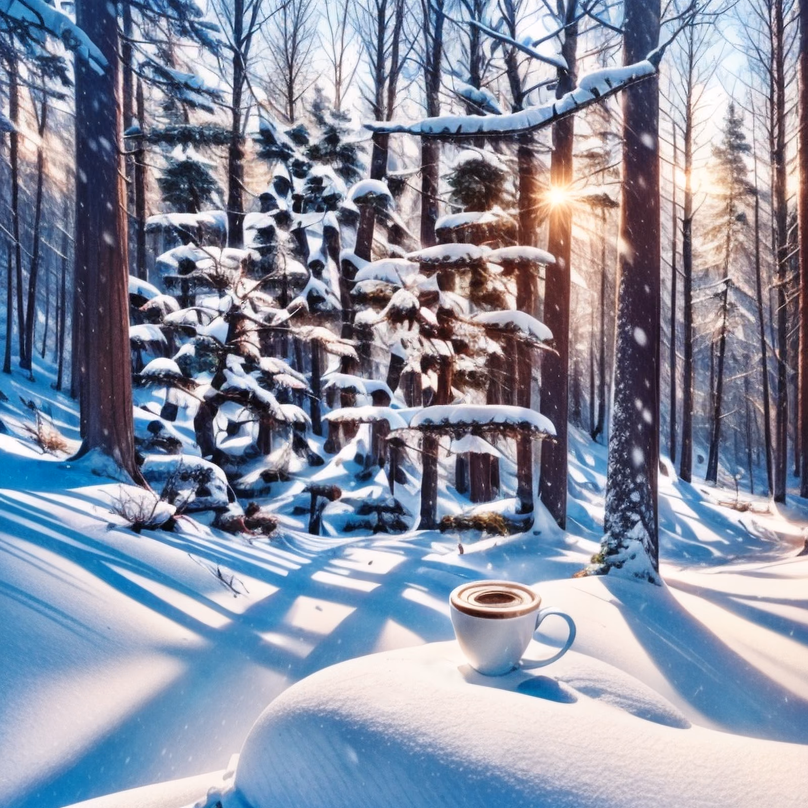 Кофе в снежном лесу, живопись, QR-код для постеров — изображение 1