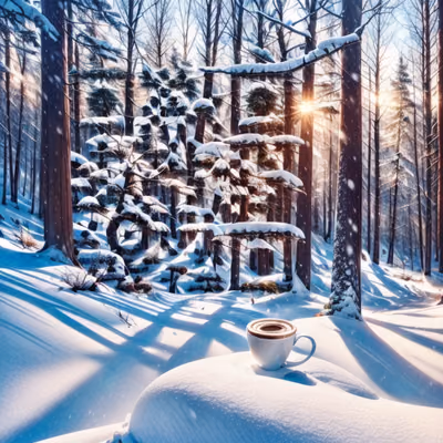 Кофе в снежном лесу, живопись, QR-код для постеров — изображение 1