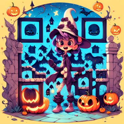 Ребёнок-ведьма на Хэллоуин: мультяшный QR-код для постеров — изображение 1
