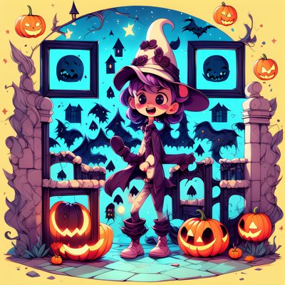 Ребёнок-ведьма на Хэллоуин: мультяшный QR-код для постеров