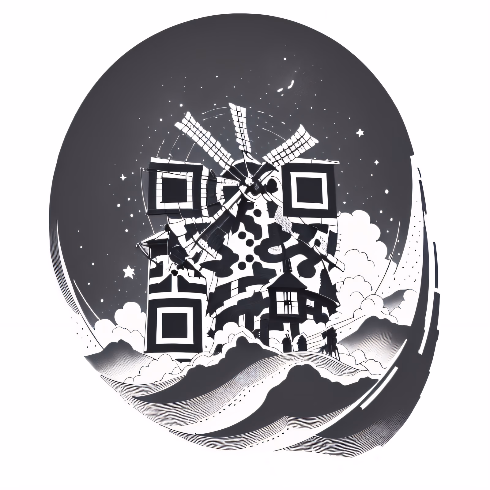 Мельница под ночным небом, чернильный QR-код для временной татуировки — изображение 1