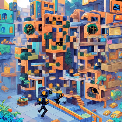 Blocky Pixel City Street QR Code Art — image 1
