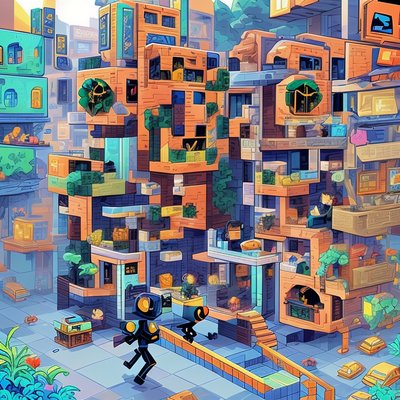 Blocky Pixel City Street QR Code Art