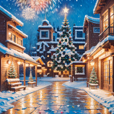 Snowy Christmas Village Night Fireworks QR Code for Greeting Cards — image 1