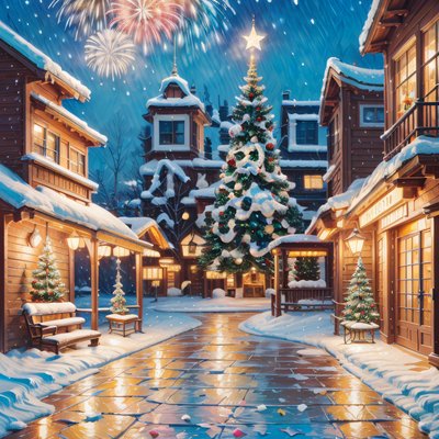 Snowy Christmas Village Night Fireworks QR Code for Greeting Cards
