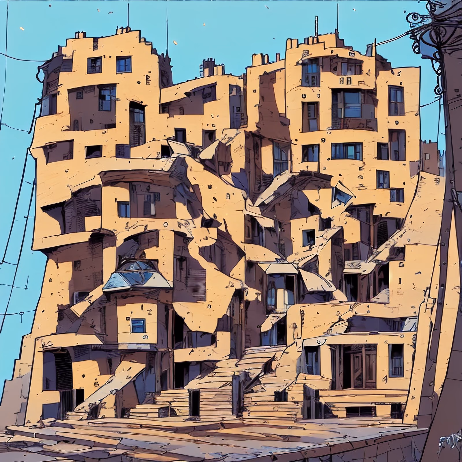 破败城市建筑漫画风二维码设计海报 — 图片 1