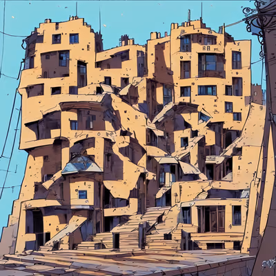 破败城市建筑漫画风二维码设计海报 — 图片 1