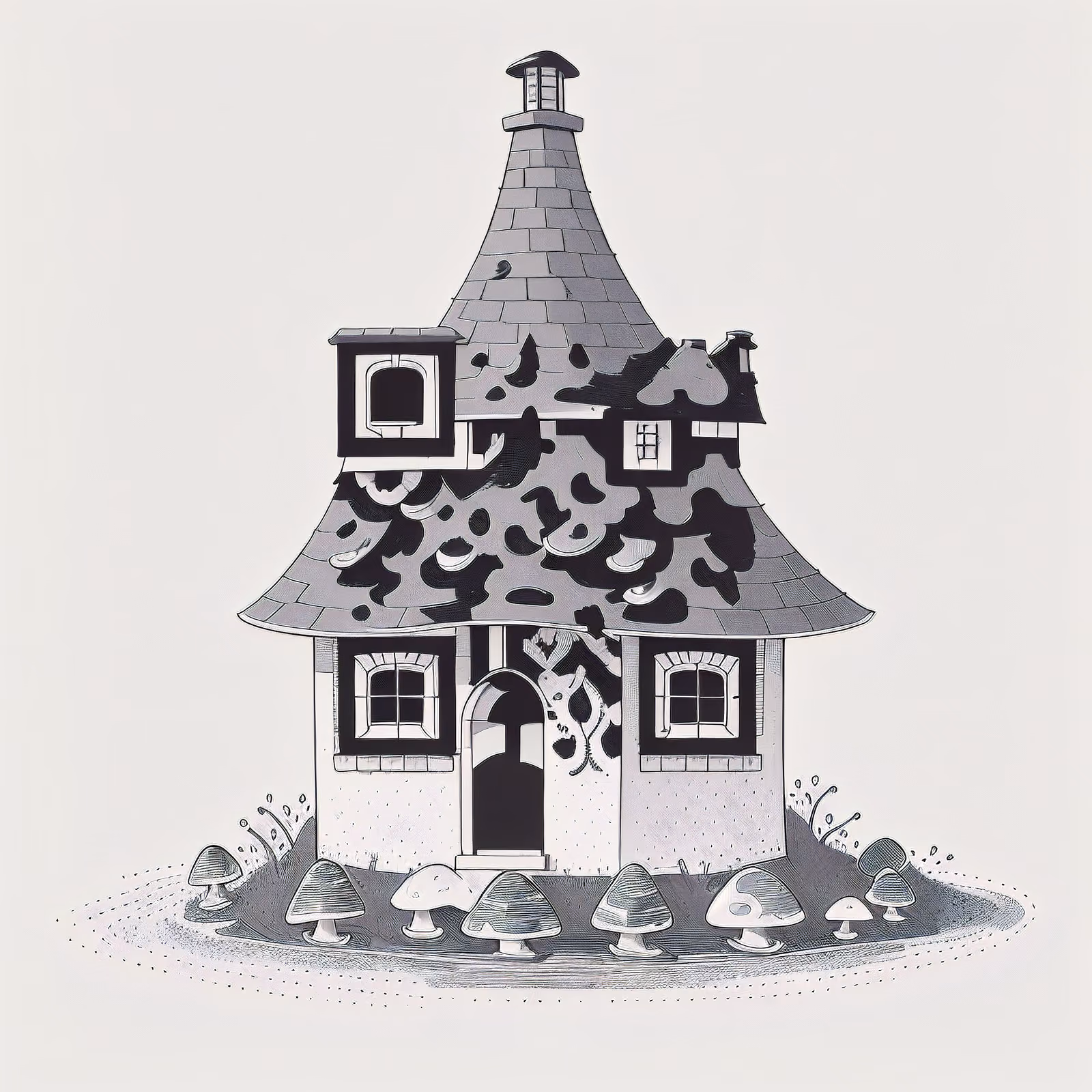 蘑菇小屋水墨线描二维码艺术 — 图片 1
