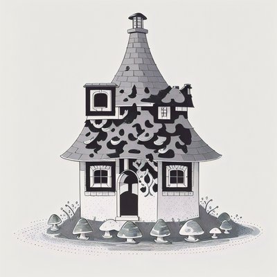 Mushroom Cottage Ink Drawing QR Code Art