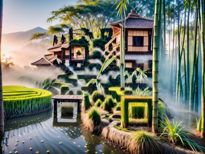 Bali Rice Terrace Misty Landscape QR Code Art