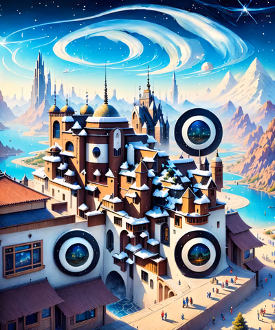 Snowy Fantasy Mountain City QR Code Poster — image 1