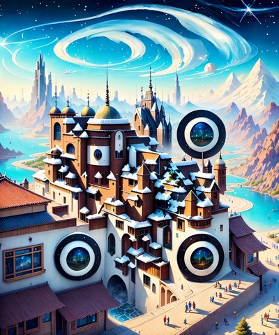 Snowy Fantasy Mountain City QR Code Poster