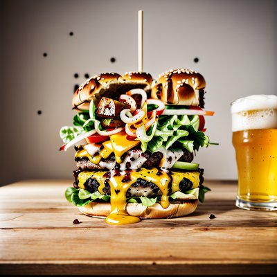 Double Cheeseburger and Beer Photorealistic QR Code for Restaurant Menus