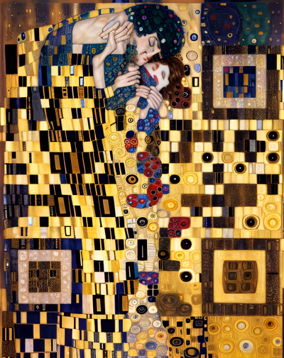 Golden Kissing Couple Ornamental Portrait QR Code Art — image 1