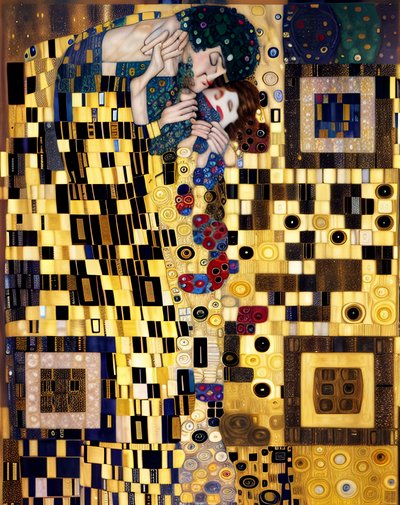 Golden Kissing Couple Ornamental Portrait QR Code Art