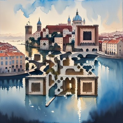 Lisbon Rooftops Castle Watercolor QR Code for Posters