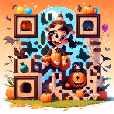 Halloween Kid With Pumpkins Cartoon Kids QR Code for Posters — image 1