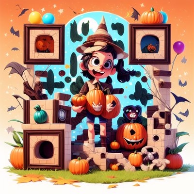 Halloween Kid With Pumpkins Cartoon Kids QR Code for Posters