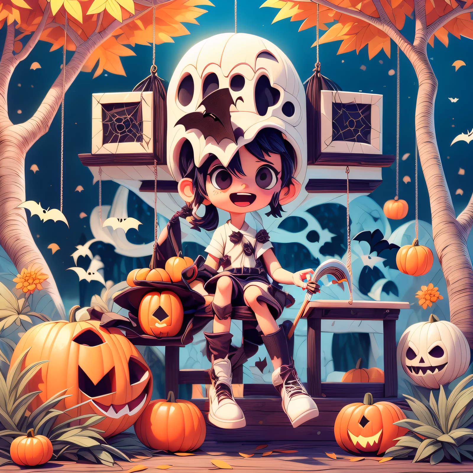 Cartoon Halloween Kid With Pumpkins QR Code for Posters — image 1