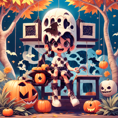 Cartoon Halloween Kid With Pumpkins QR Code for Posters — image 1