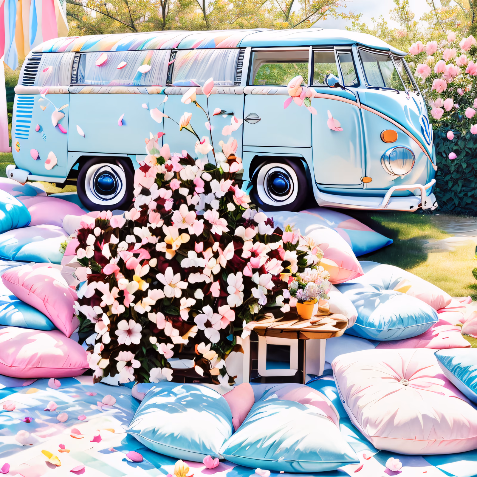 Pastel Camper Bus Flower Picnic QR Code for Event Invitations — image 1