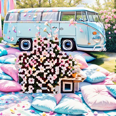 Pastel Camper Bus Flower Picnic QR Code for Event Invitations