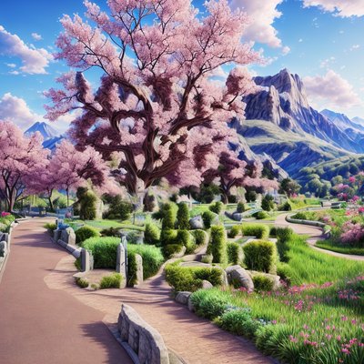 Cherry Blossom Park Mountain Painting QR Code Art