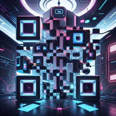 霓虹虚拟现实方块房间复古未来主义二维码艺术,适用于海报
