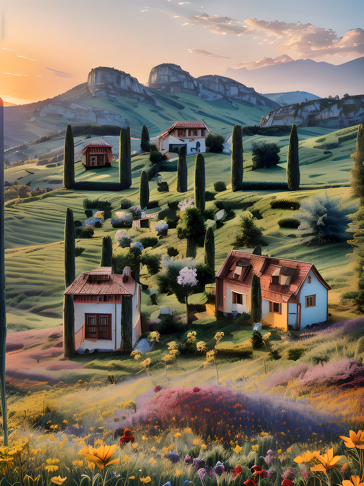 Red Roof Houses Sunset Landscape QR Code Art — image 1