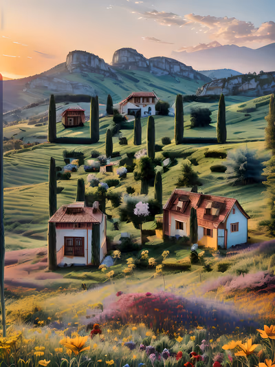 Red Roof Houses Sunset Landscape QR Code Art — image 1