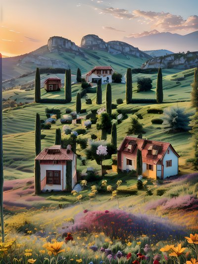 Red Roof Houses Sunset Landscape QR Code Art