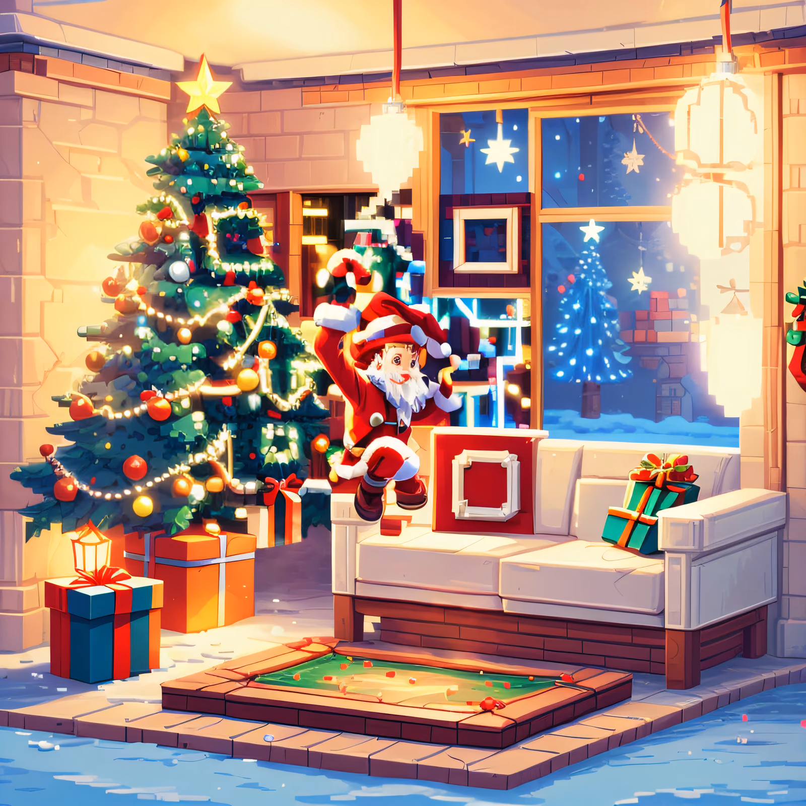 Pixel Santa Christmas Living Room QR Code for Greeting Cards — image 1