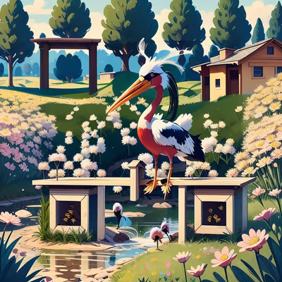 Stork in Flower Meadow Cartoon QR Code Art — image 1