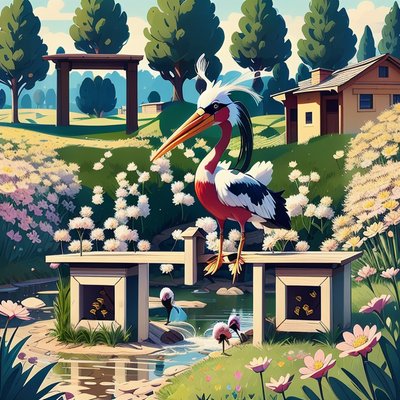 Stork in Flower Meadow Cartoon QR Code Art