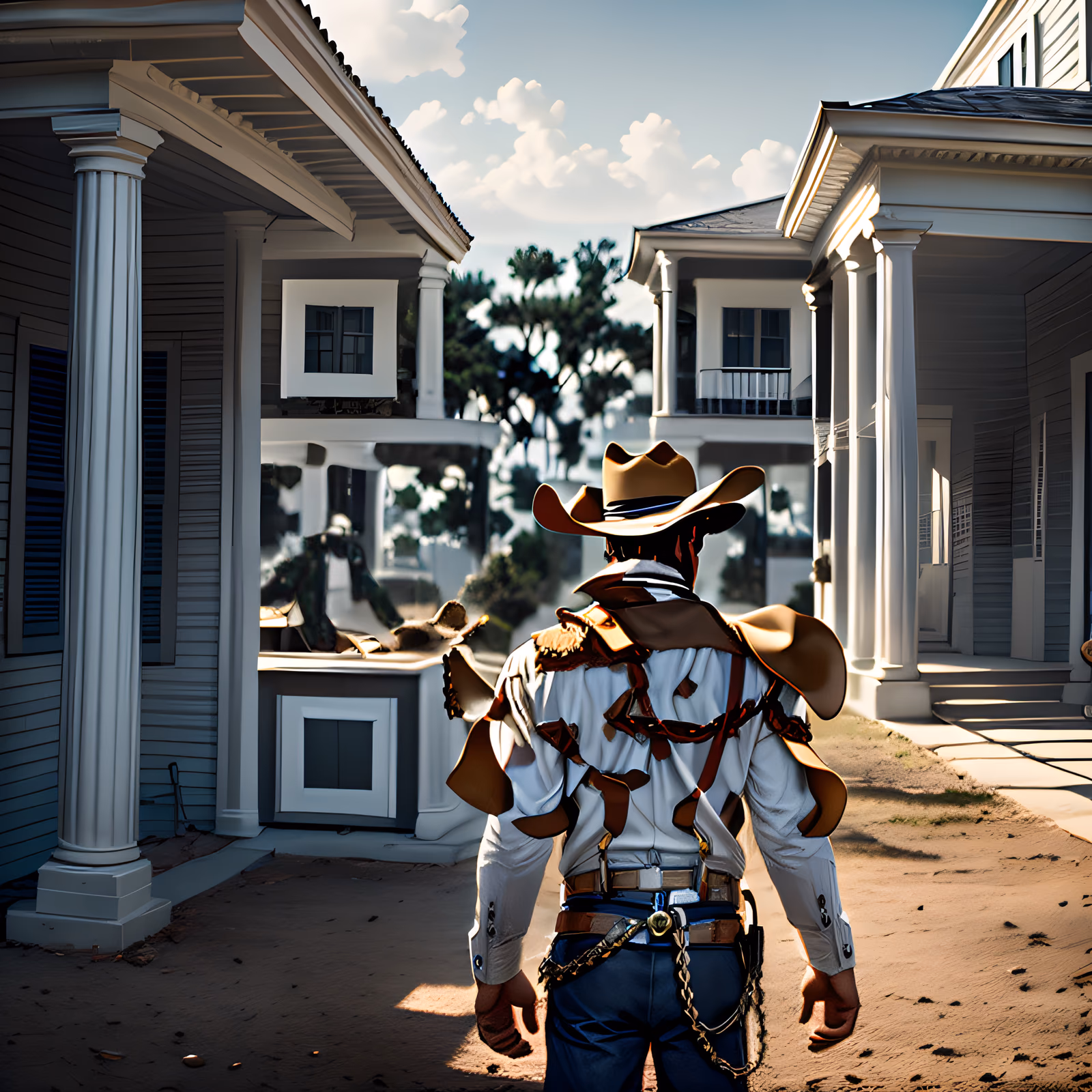 Cowboy Before Southern Columned House QR Code for Posters — image 1