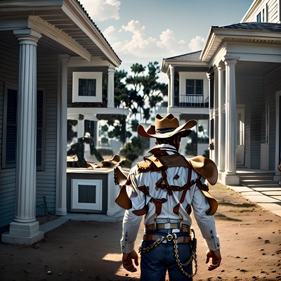 Cowboy Before Southern Columned House QR Code for Posters