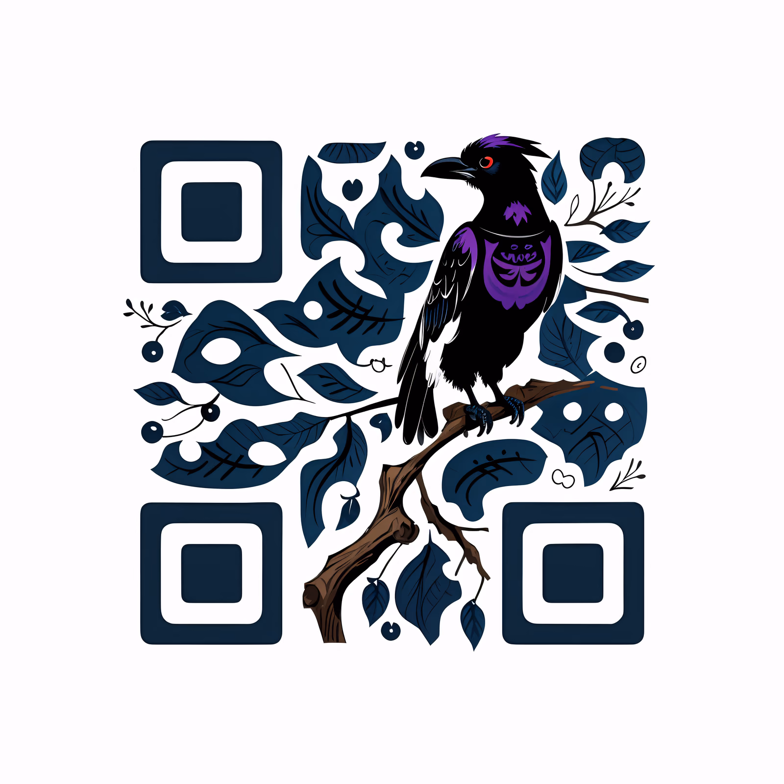 Raven on Branch Flat Vector QR Code for Stickers — image 1