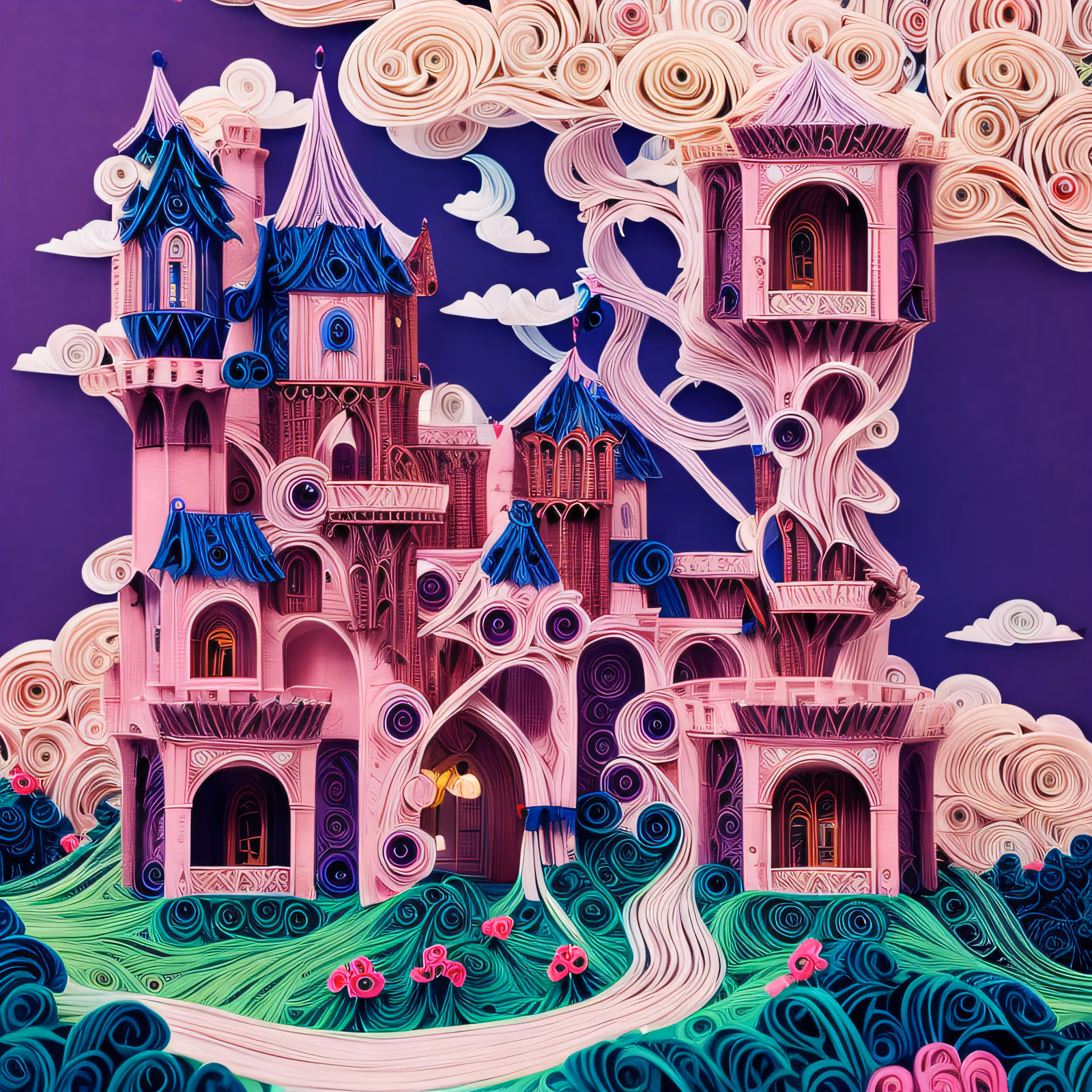 Pink Paper Quilling Castle QR Code Art — image 1