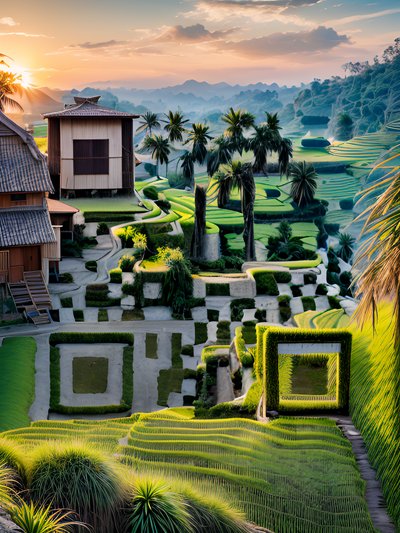 Rice Terrace Sunset Landscape QR Code for Posters