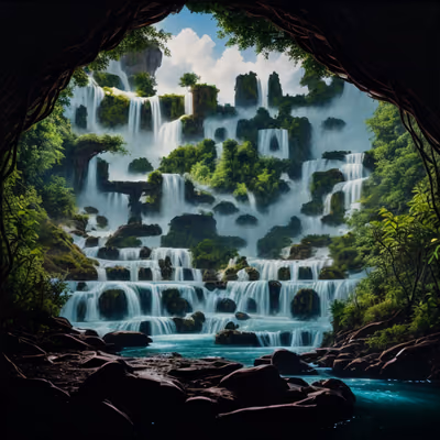 Tropical Waterfall Cave Photorealistic QR Code Art — image 1