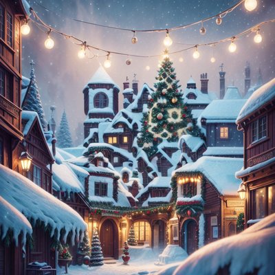 Snowy Christmas Village Digital Painting QR Code for Greeting Cards